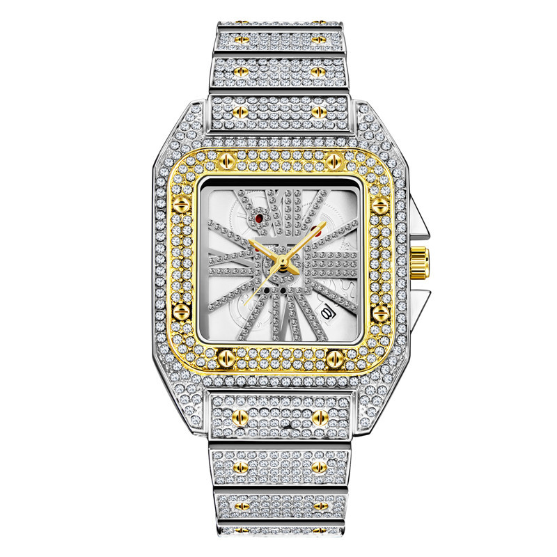 Luxury Hip Hop Men's Gold Watch With Full Diamond Accents, Quartz Movement, Fashionable Square Dial, Alloy Band - Casual & Formal Occasions_voghion.com