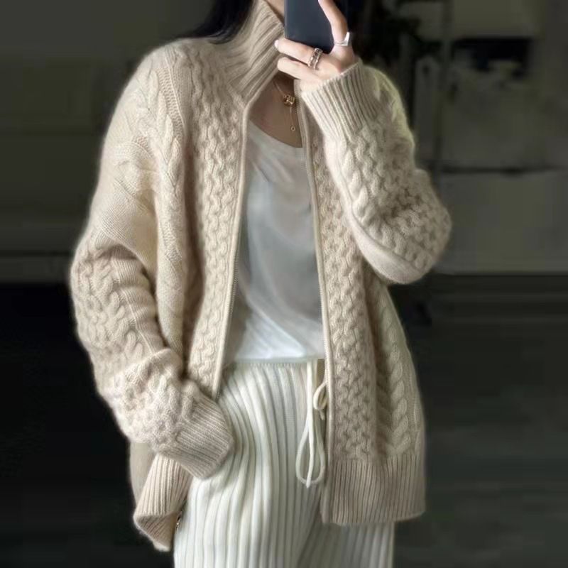 Damenbekleidung Schwerer, verdickter Rollkragenpullover mit Reißverschluss und gedrehtem Kaschmir-Cardigan für Damen Weicher, lockerer, kurzer Pullover aus Wolle_voghion.com
