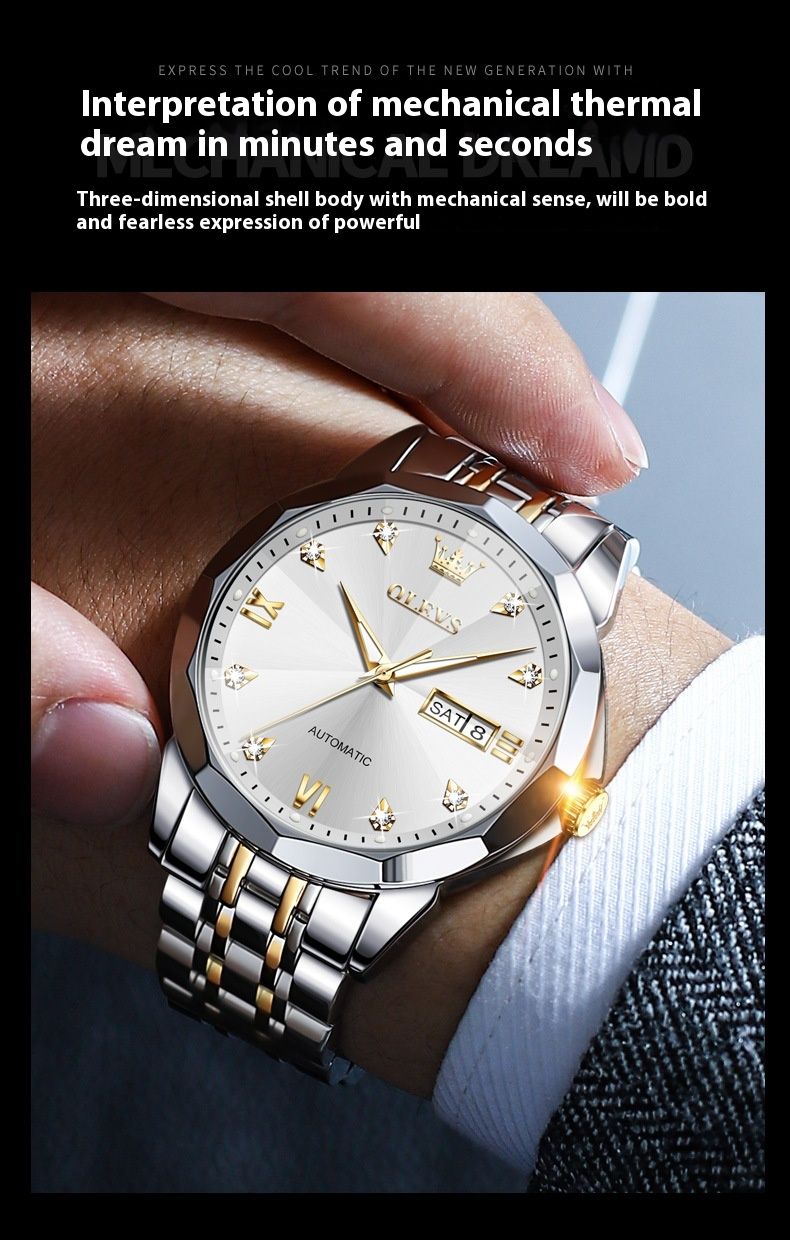OLEVS Brand Fashionable Fully Automatic Mechanical Watch Men's Double Calendar Waterproof Men's Watch_voghion.com