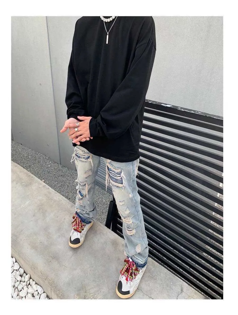 Men's 2022 High Street Hole Ripped Vintage Men Hip Hop Baggy Jeans Trousers Punk Distressed Retro Washed Straight Denim_voghion.com