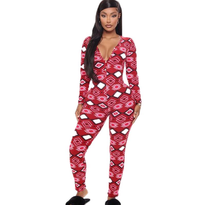 Women’s Printed V-Neck Jumpsuit Pajamas – Long Sleeve & Pant Comfortable Loungewear – Stylish Cotton-Blend Romper For All Seasons_voghion.com