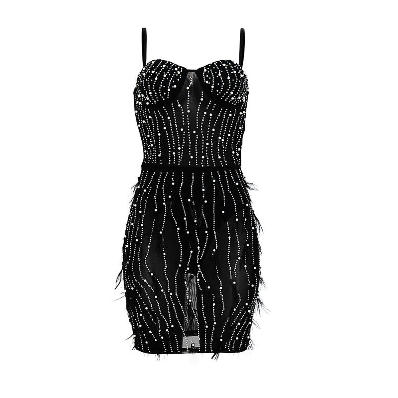Abbigliamento da donna Abito con piume di diamanti caldi con reggicalze senza maniche per donna_voghion.com