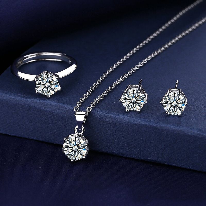 Conjunto de joias femininas Moda prata clássico seis garras diamante colar anel brincos joias terno_voghion.com