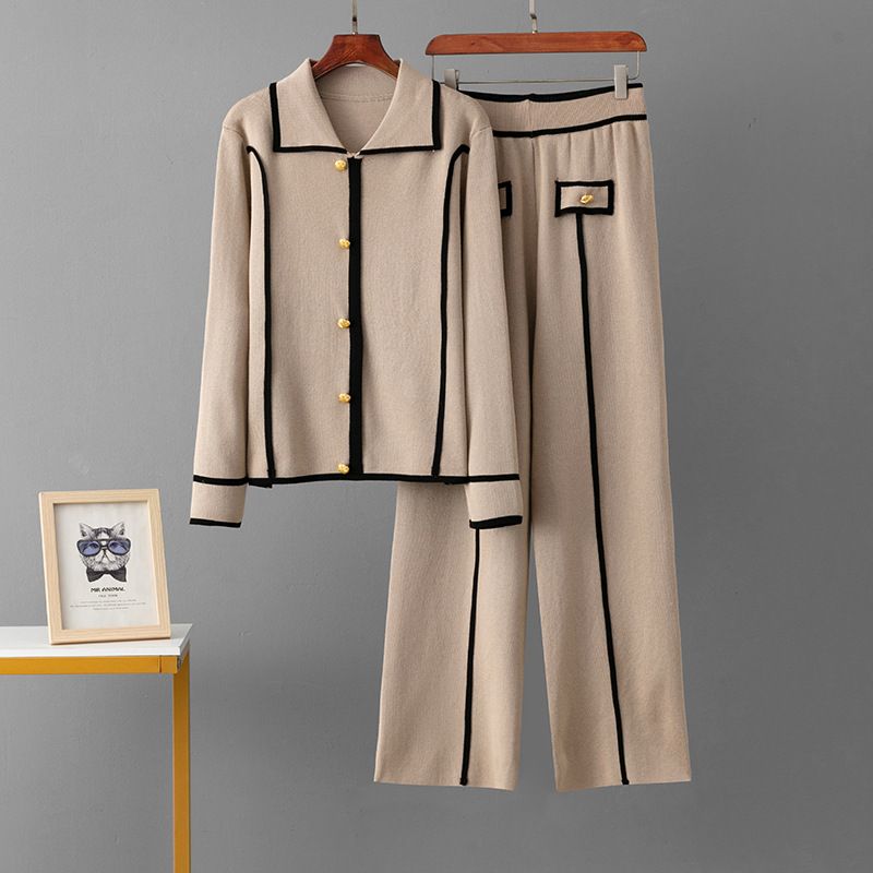 Knitted Autumn Winter Single-Breasted Polo Collar Sweater Casual Sports Wide-Leg Pants Two-Piece Set_voghion.com