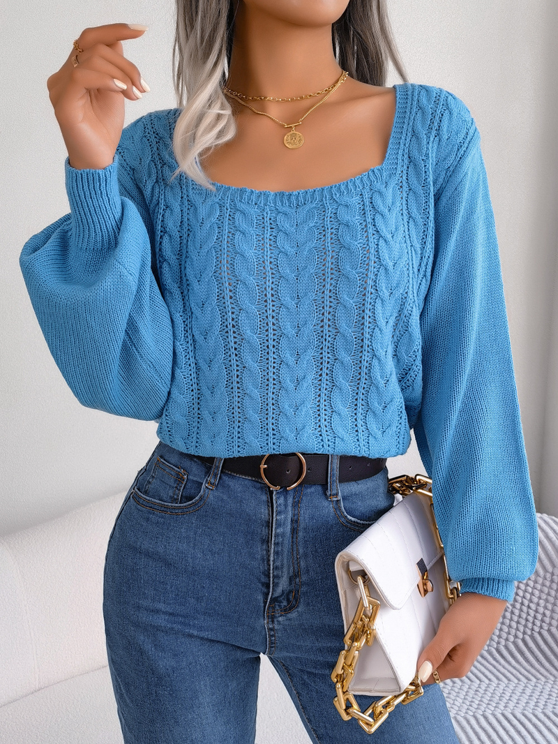 Maglione pullover casual con scollo quadrato e maniche a lanterna in maglia a trecce, moda femminile per autunno e inverno_voghion.com