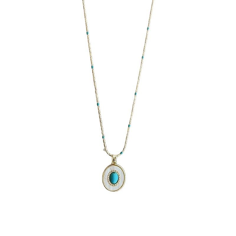 Super Shiny Zircon Mother-of-Pearl Oval Turquoise Pendant Niche Collarbone Chain Light Luxury High-End Necklace_voghion.com