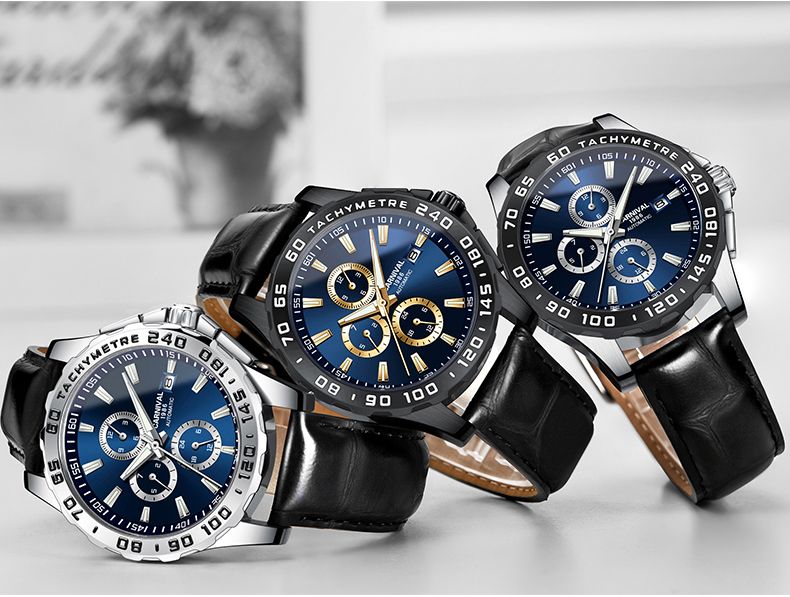 CARNIVAL Montres mécaniques multifonctions pour hommes, montre automatique à double calendrier, bracelet en cuir, lumineuse, étanche_voghion.com