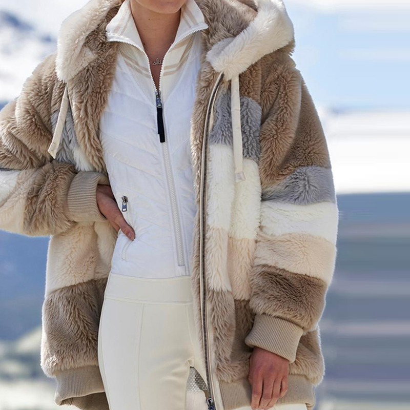 Abrigo de felpa de invierno 2021 para mujer, chaqueta con capucha y cremallera, informal, de gran tamaño, con cuadros, de piel, cálida, parka para mujer_voghion.com