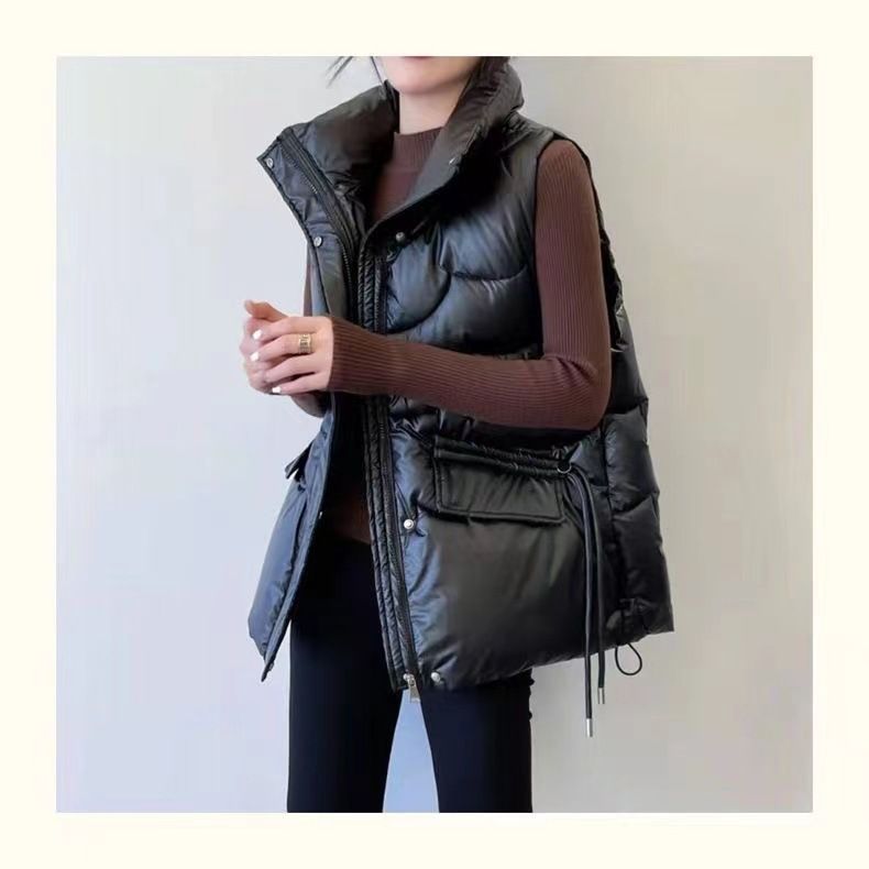Gilet trapuntato leggero da donna, giacca senza maniche con collo alto, capospalla casual in stile coreano, nero e champagne_voghion.com