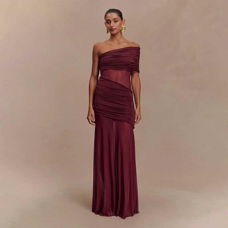 Abito bustier con pannello in rete trasparente e vita arricciata - Gonna midi fluida per donna, abbigliamento casual e per feste estive_voghion.com