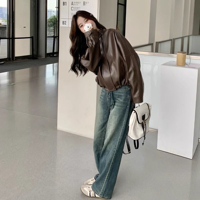 Manteau en cuir marron pour femme 2025 Nouvelle veste de moto courte tendance style américain cette année_voghion.com