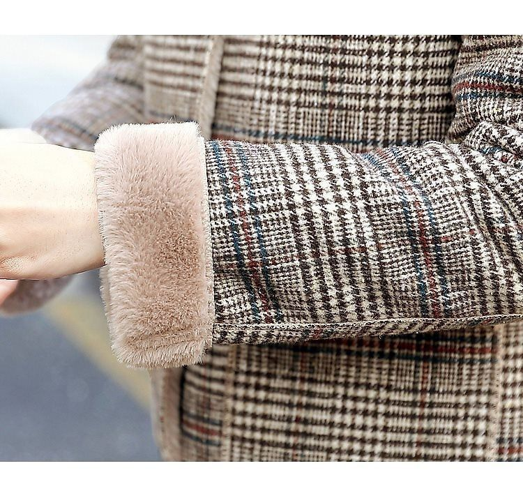 Damenbekleidung: Neue Winterkleidung für Damen, einteiliger, karierter Wollpelzmantel und dicker Samt, warm, mittellang, mit Kapuze_voghion.com