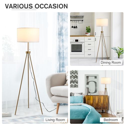 Homcom 59.75" Standing Floor Lamp Fabric Lampshade Steel Tripod, Gold_voghion.com