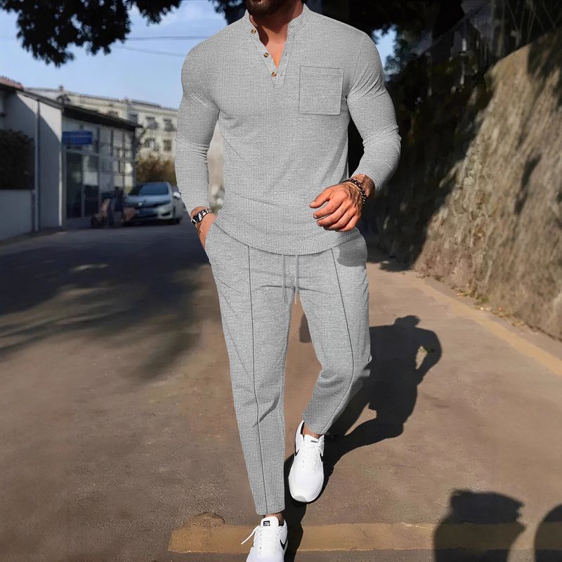 Herren-Set aus Waffelstrick-Poloshirt und -Hose – einfarbiges, lässiges Outfit mit Stehkragen und langen Ärmeln | leichter Komfort für den Alltag_voghion.com
