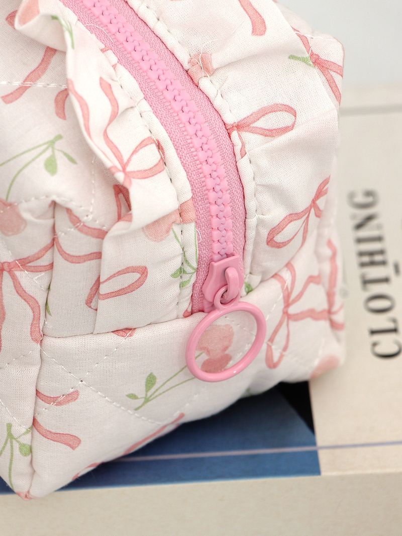 Bow Cherry Kosmetiktasche aus Stoff, große Kapazität, gesteppt, Aufbewahrungstasche für Hautpflegeprodukte, tragbare Reisetasche_voghion.com