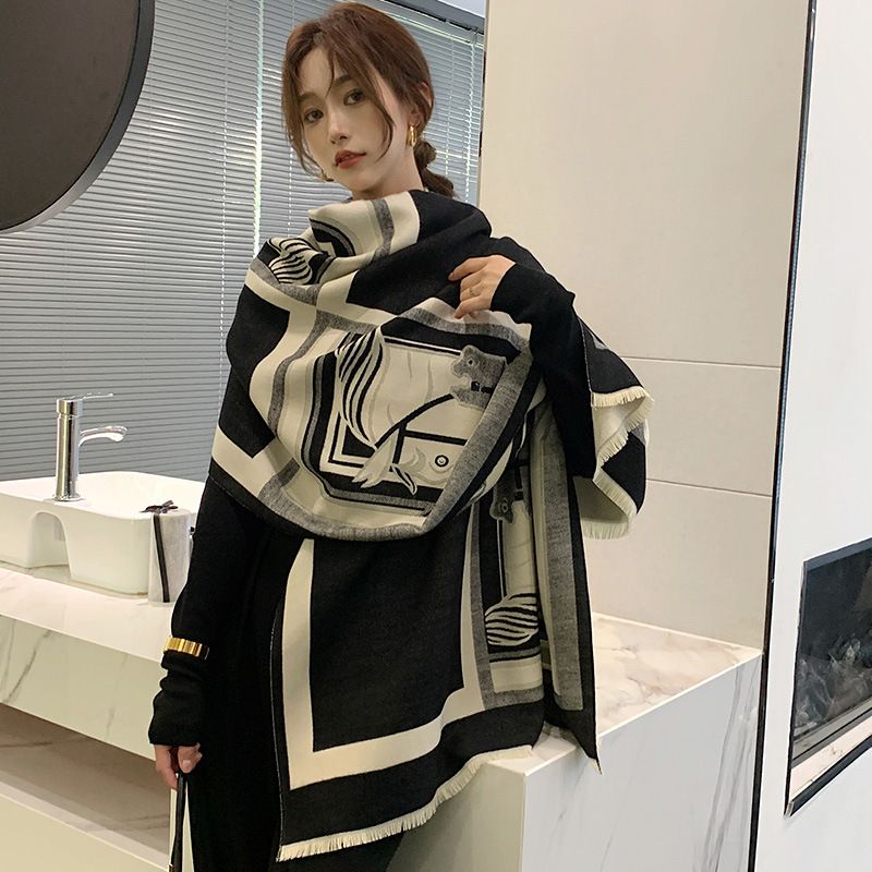 New fashionable shawl with horse head print cashmere for women, summer air conditioning shawl, autumn and_voghion.com