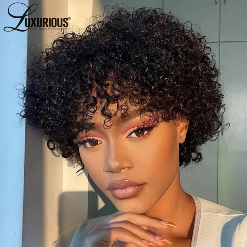 Brazilian Curly Human Hair Wigs With Bang Short Pixie Cut Bob Wig 150% Density_voghion.com