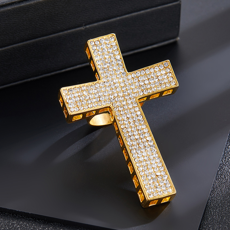 Anello aperto a forma di croce in lega versatile alla moda con diamanti_voghion.com