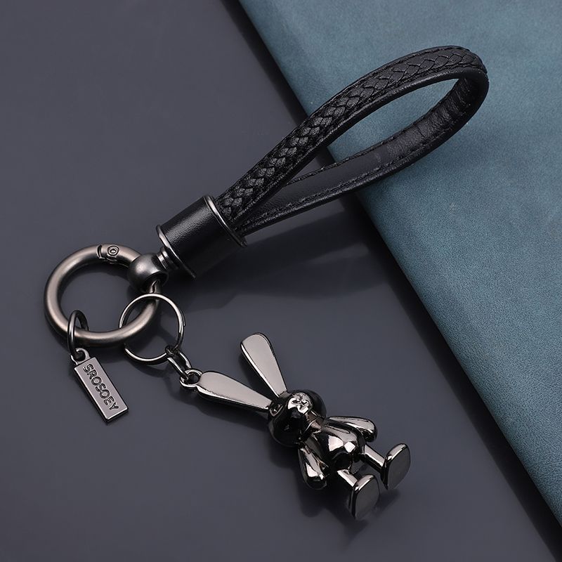 Porte-clés de voiture en cuir de vache, petit lapin, pendentif tridimensionnel, dessin animé, mignon, pour femme, personnalité, couple, sac_voghion.com