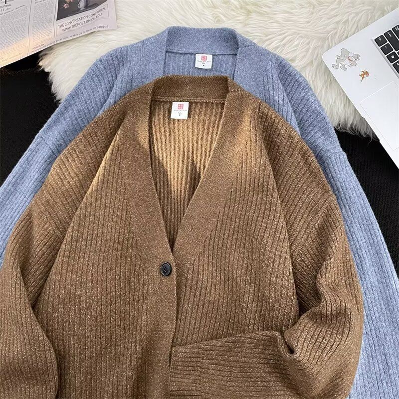 Herfst 2025 Nieuwe Cardigan Amerikaanse Casual Lazy Style V-hals Gebreide Trui Heren Effen Kleur Jas Trendy_voghion.com