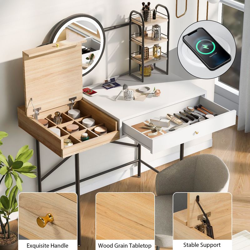 40 Inch Makeup Vanity Desk With 3-Mode Lighted Mirror & Wireless Charging Station,Vanity Table With Drawer & 3 Open Shelves For Ample Storage Space,Dressing Table For Bedroom_voghion.com