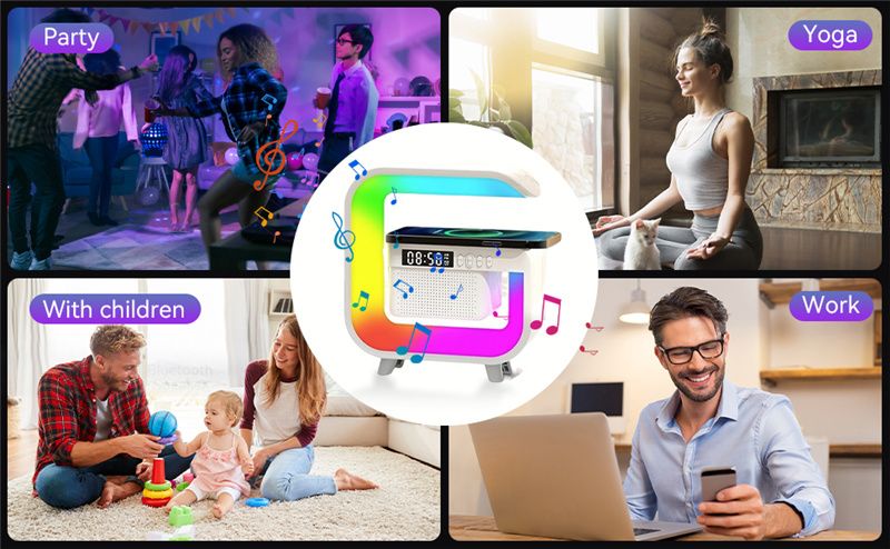 Enceinte Bluetooth RGB sans fil, chargeur sans fil, support, carte TF, radio FM, réveil pour iPhone 16 à 12 Pro Max, charge rapide, lecteur de musique_voghion.com