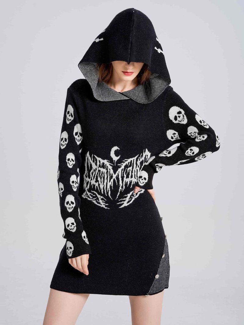 Punk-Pullover mit Kapuze, mittlere und lange Damenbekleidung, grenzüberschreitende Herbst- und Winteroberteile, gestrickter Totenkopfpullover im Gothic-Stil_voghion.com