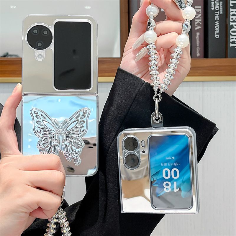 For Oppo Find N2 N3 Flip Luxury Butterfly Stand Pearl Chain Shockproof Phone Case Cover_voghion.com