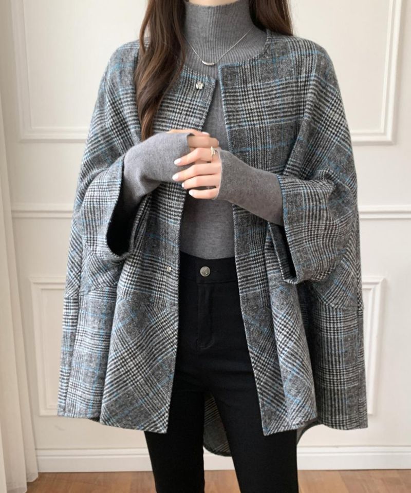 Elegant Batwing Sleeve Wool Cape Coat - Oversized Poncho Style For Women, Autumn Winter Fashion, Casual Loose Fit, Pure Color & Checkered Patterns_voghion.com