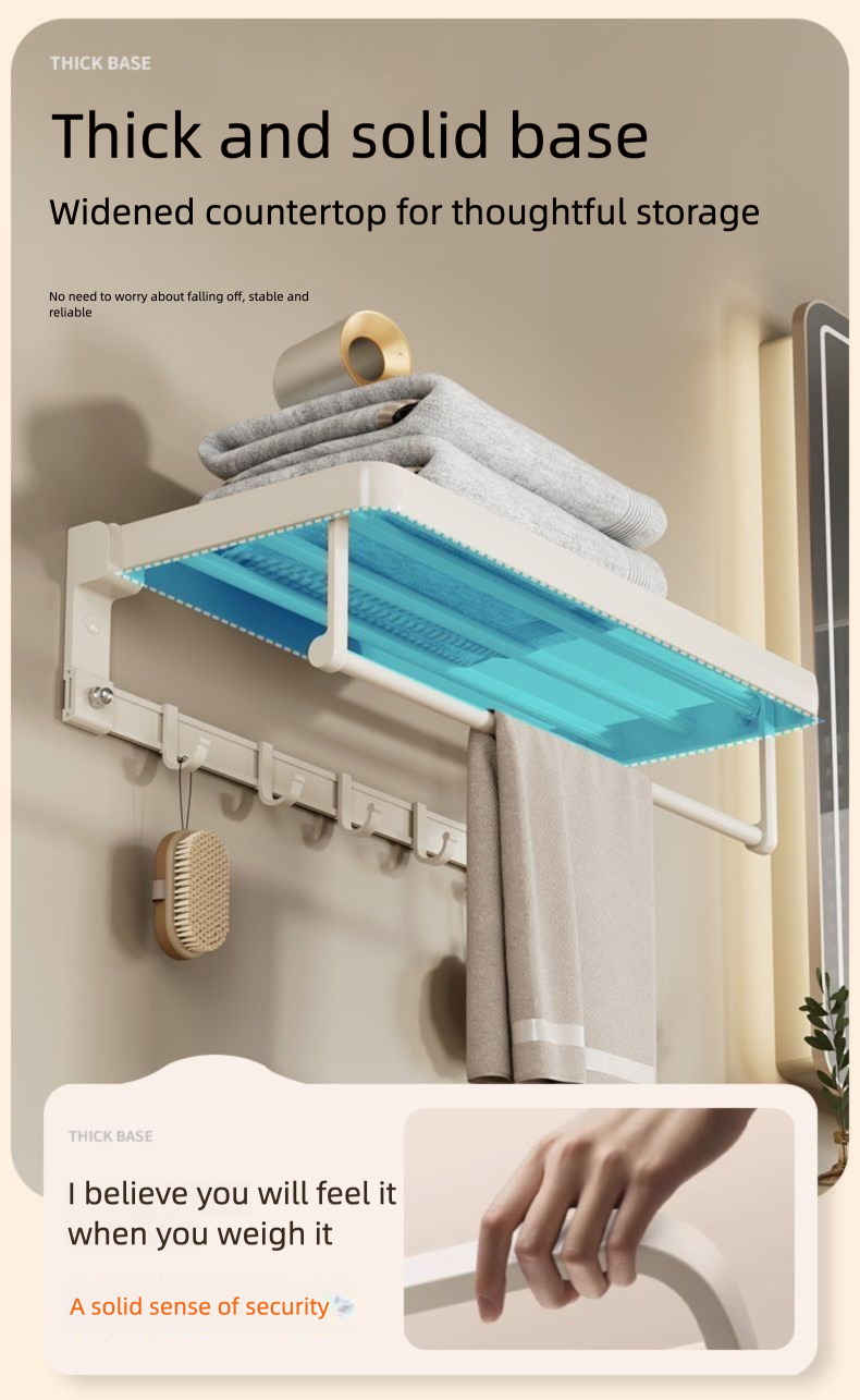 Cream Color Space Aluminum No-Drill Bathroom Storage Rack Foldable Towel Bar Organizer_voghion.com