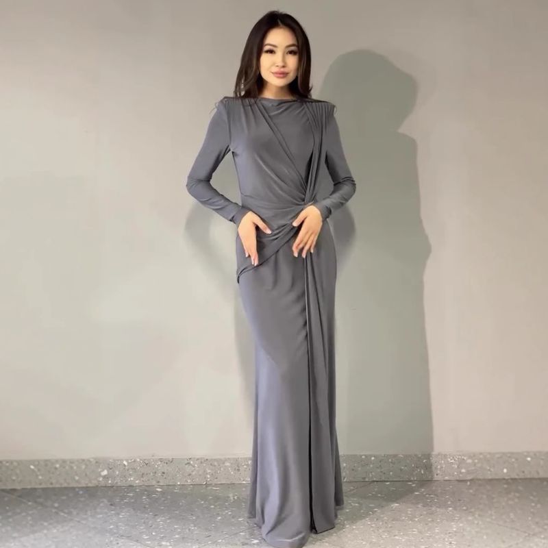 Women's Clothing Sexy Fashion Round Neck Pleated Waist Slim Fit Solid Color Temperament Dress_voghion.com