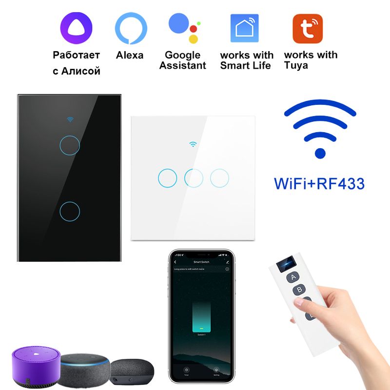 Smart Touch-afbryder Tuya Wifi-vægafbryder Alexa til belysning 1/2/3-gang 433Mhz 220V/110V uden neutral Google Home_voghion.com