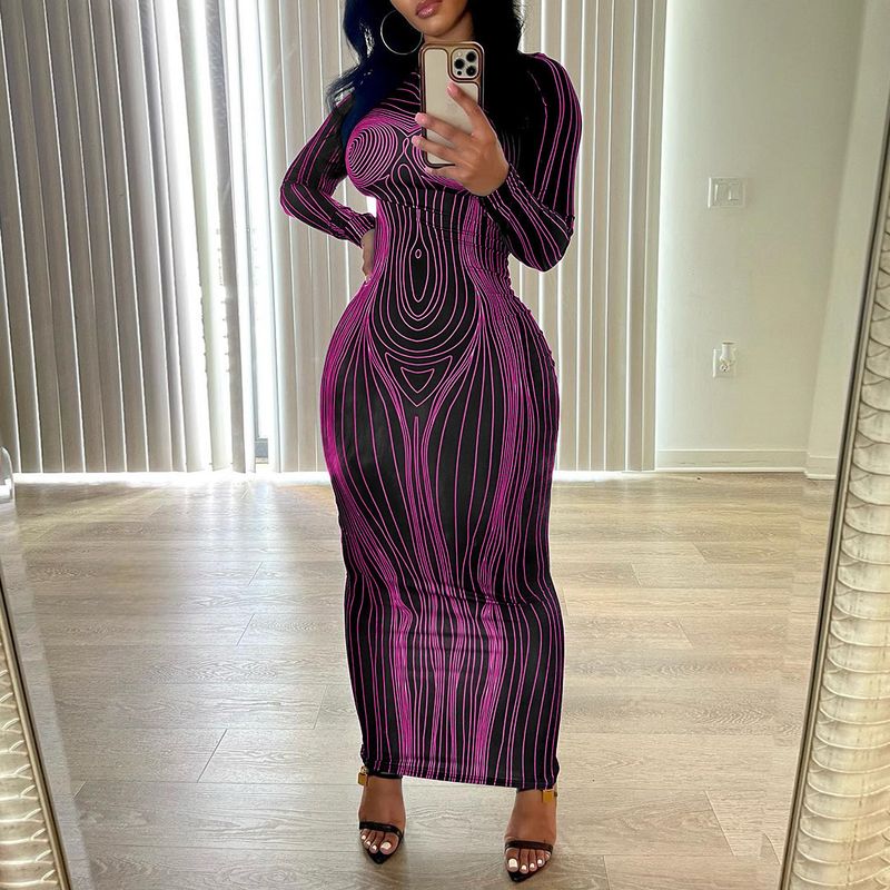 2025 Herbst Neue Damen Langarm Rundhals Mode Gedruckt Slim Fit Bodycon Basis Kleid_voghion.com