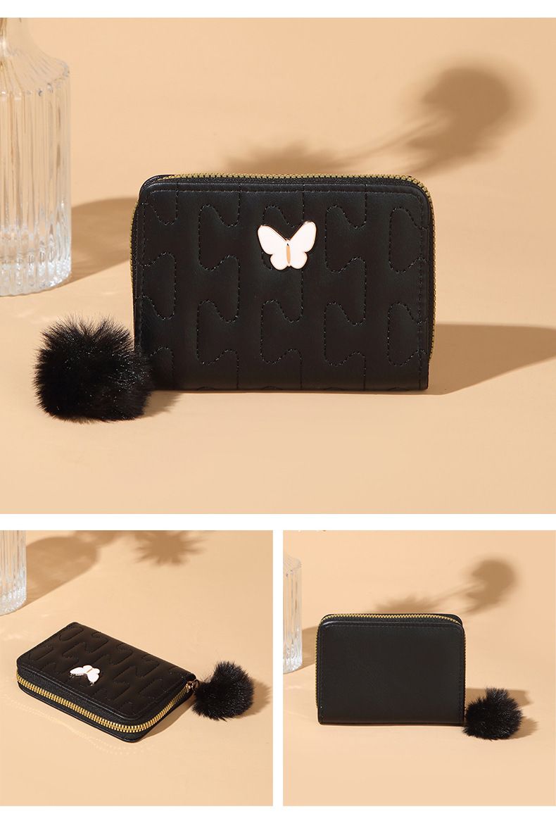 Women's Quilted Women's Wallet With Zipper & Fur Ball - Short Purse With Butterfly Charm (Minimalist & Versatile)_voghion.com