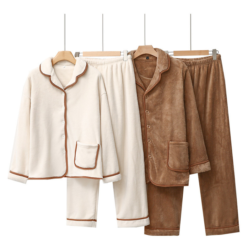 Dametøj kvinder efterår og vinter tyk koral fleece flannel cardigan revers blødt varmt hjemmetøj jakkesæt_voghion.com