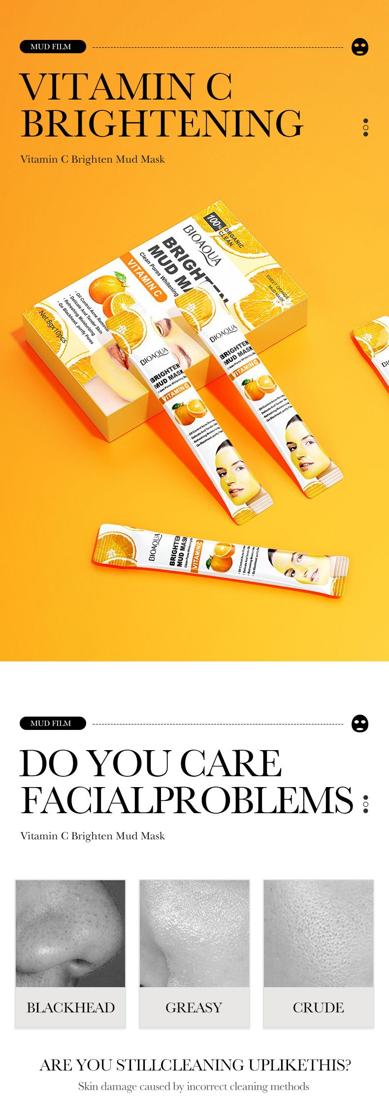 BIOAOUA Masque de boue éclaircissant à la vitamine C 8 g x 10 pièces Masque nettoyant en profondeur pour le contrôle du sébum Masque éclaircissant pour le teint_voghion.com