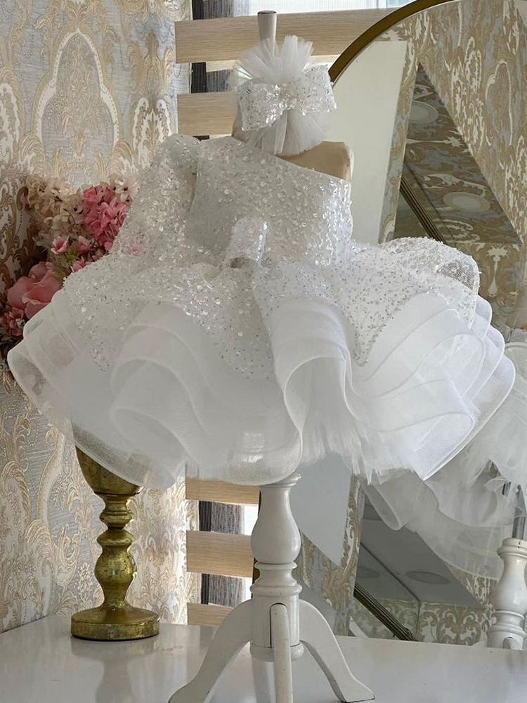 Robe de princesse à paillettes et manches longues pour filles, tenue élégante et duveteuse, idéale pour un bal d'anniversaire ou une célébrité, collection 2024_voghion.com