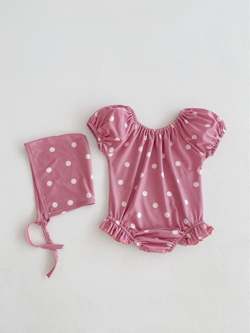 Maillot de bain d'été coréen pour filles, bulle à la mode pour bébé, mignon, manches courtes, une pièce enveloppée, bas, imperméable, chapeau de natation_voghion.com