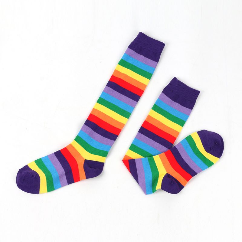 Unisex Kleurrijke gestreepte kniekousen Dames katoenen sokken Heren mid-tube sokken Vakantiefeest regenboog kuitsokken_voghion.com