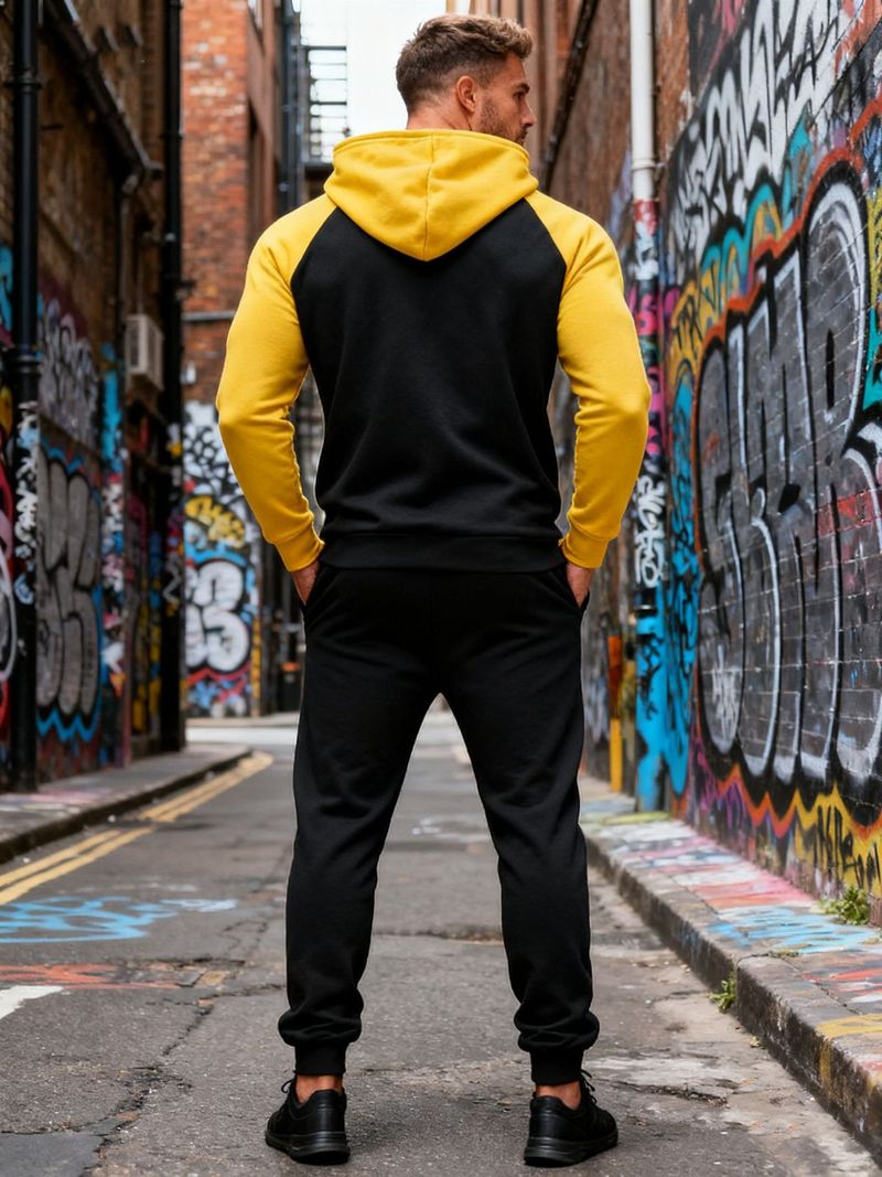 Felpa con cappuccio in pile e jogger in velluto e colori coordinati per uomo - Completo due pezzi a blocchi di colore per sport invernali e abbigliamento casual_voghion.com