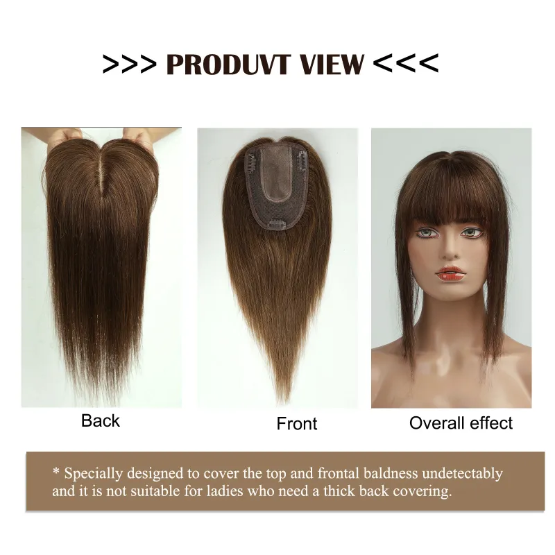 Topper per capelli umani Remy al 100% con frangia, toupee marrone, pezzi di capelli con base in seta, clip in topper, capelli per le donne, perdita di capelli_voghion.com