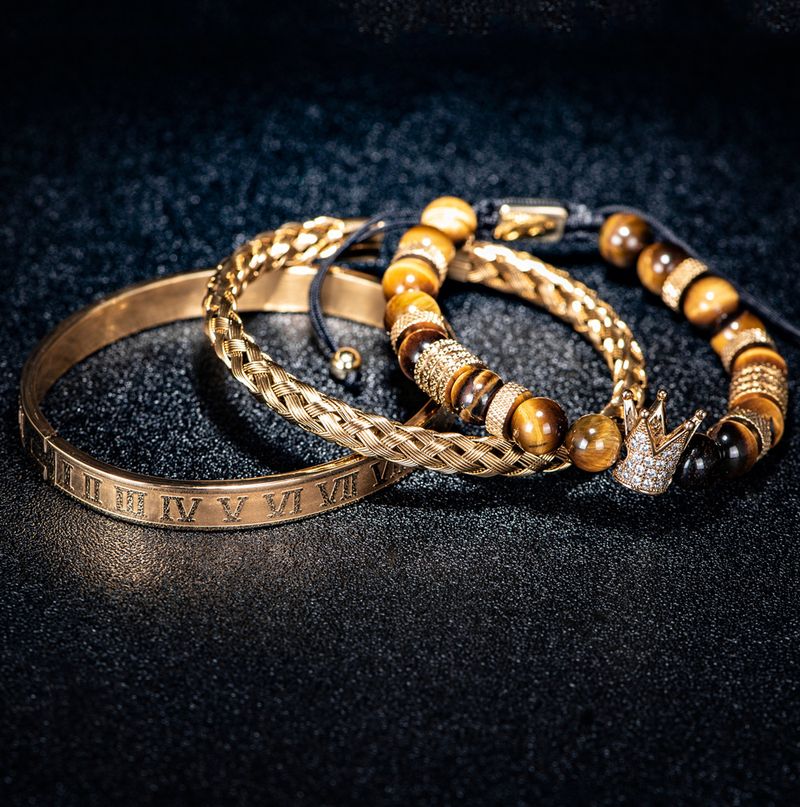Men's Jewelry Crown & Tiger Eye Beaded Bracelet Set - Stainless Steel Micro-Pave Diamond Accent Hand Chain For Trendy Style Hand Jewelry_voghion.com