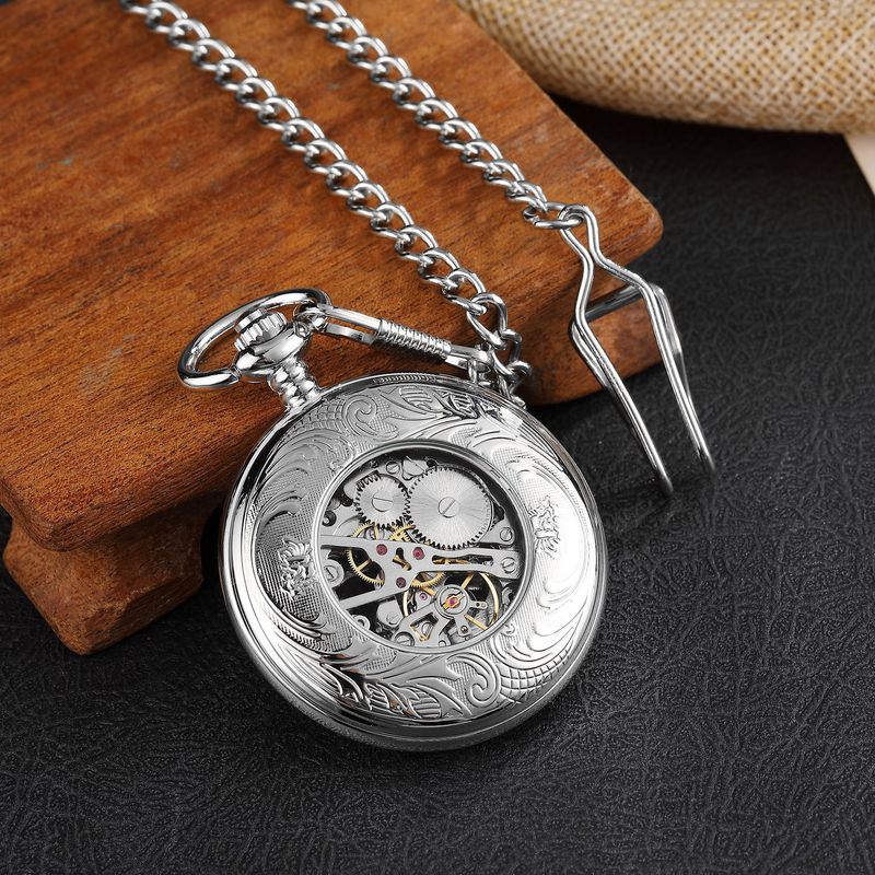 New Large Hollow Round Carved Roman Numerals Lace Mechanical Pocket Watch Model_voghion.com