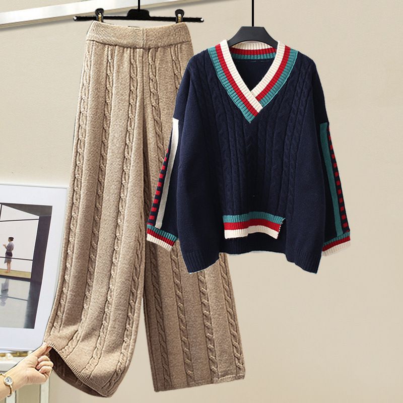 Women's Clothing Large Size Women's Winter Suits For Women New Lazy Style Loose Sweaters Slim And Versatile Wide Leg Pants Two Piece Suit_voghion.com