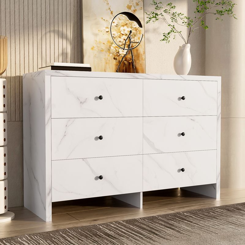 Credenza 120 cm Mit Marmor-Optik, 6 Schubladen, Schwarzem Holzgriff_voghion.com