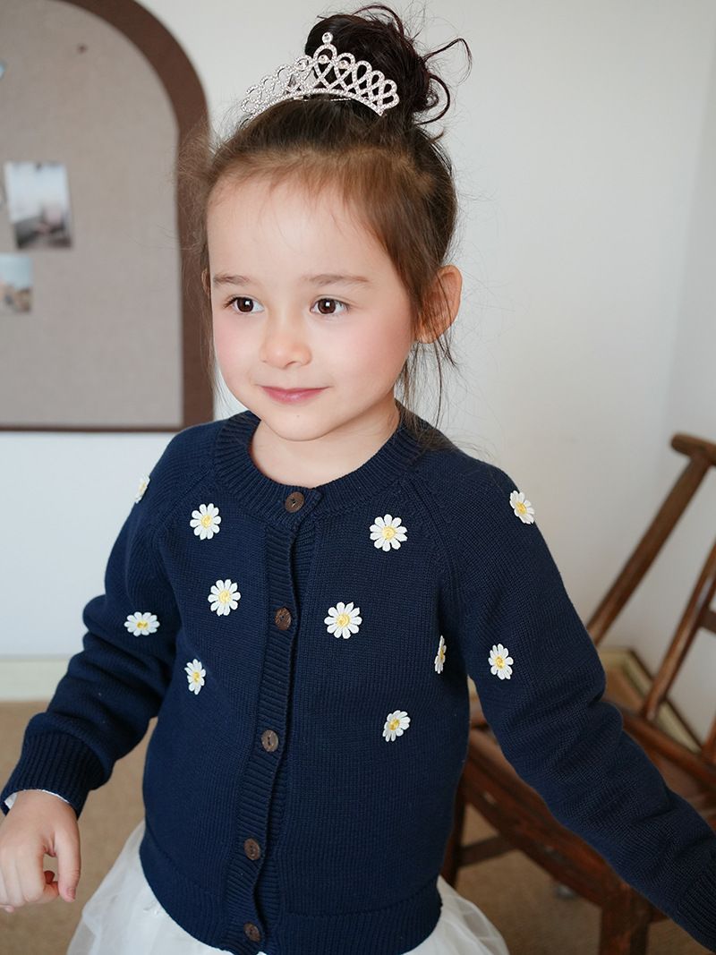 Mutter & Kinder – Handgefertigter bestickter Kinder-Cardigan aus weicher Baumwolle, Strickpullover für Mädchen (3–8 Jahre) – Rundhalsausschnitt, lange Ärmel, Blumenmuster_voghion.com