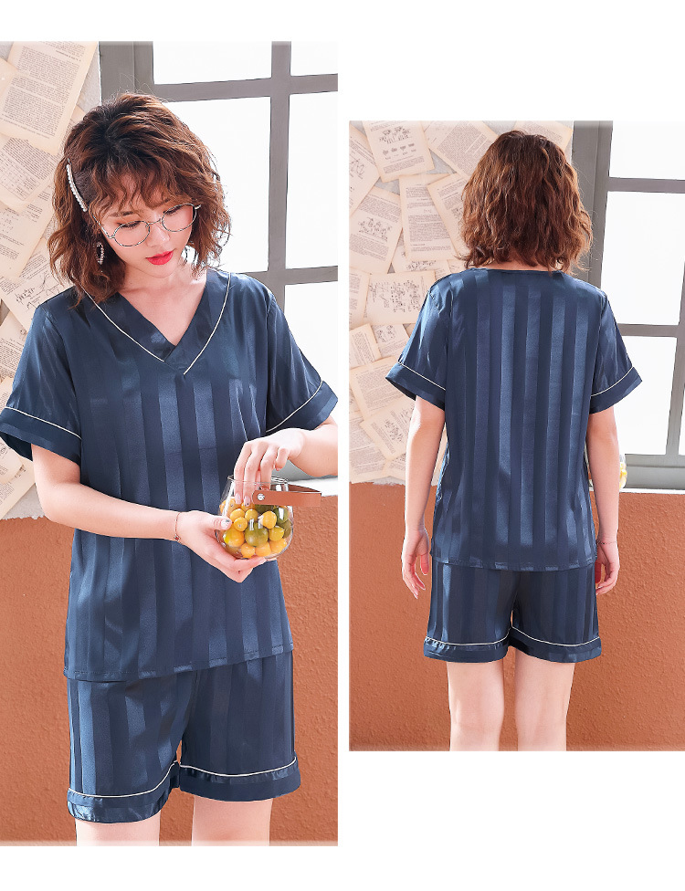 Pár Loungewear Ženy Léto Hedvábí tenký Krátký rukáv Korejský Jacquard Pruhované Ledové Hedvábné Domácí oblečení Pánská dvoudílná sada_voghion.com