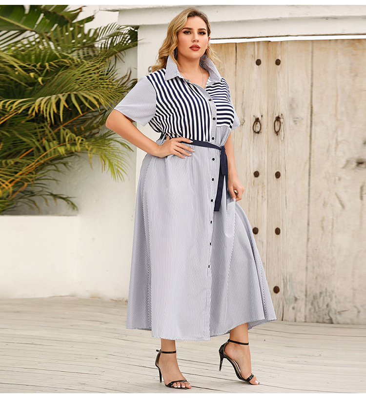 Vestito camicia a maniche corte con spalline e risvolto a righe, nuovo stile estivo da donna, taglie forti_voghion.com