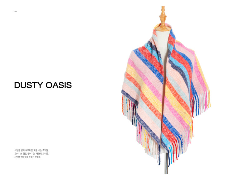 2022 New Loop Yarn Striped Plaid Polyester Long Tassel Wool Square Scarf Women's Shawl_voghion.com
