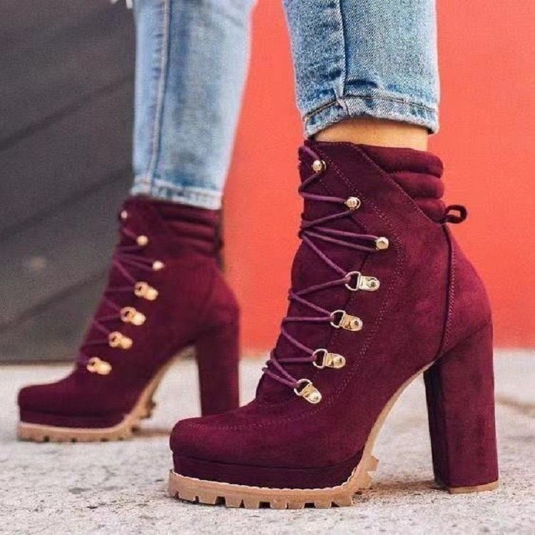 Women's Shoes autumn and winter waterproof platform high heel lace up rivet short boots suede Martin boots_voghion.com